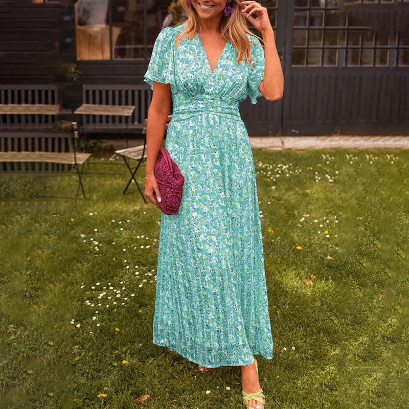 Graceful long V-neck maxi dress for women, perfect for weddings, parties, or stylish everyday wear.