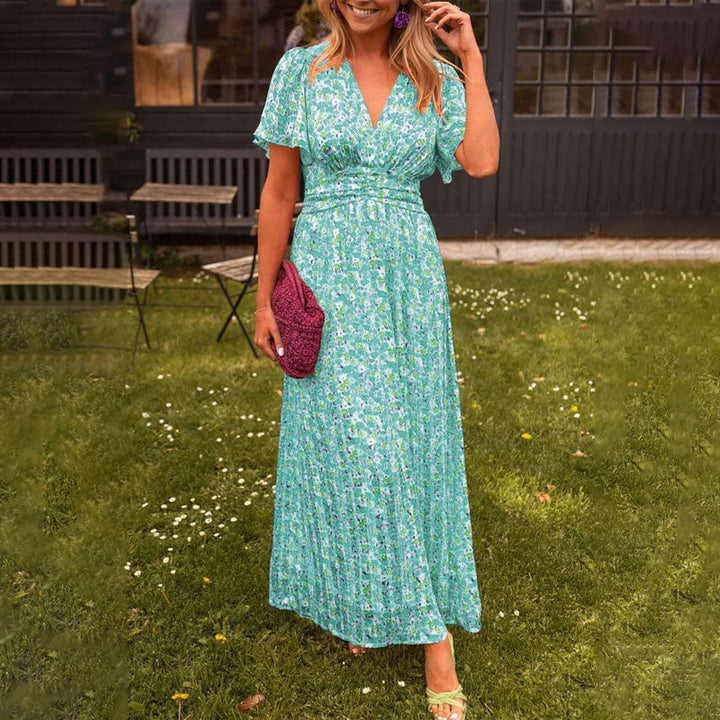 Graceful long V-neck maxi dress for women, perfect for weddings, parties, or stylish everyday wear.