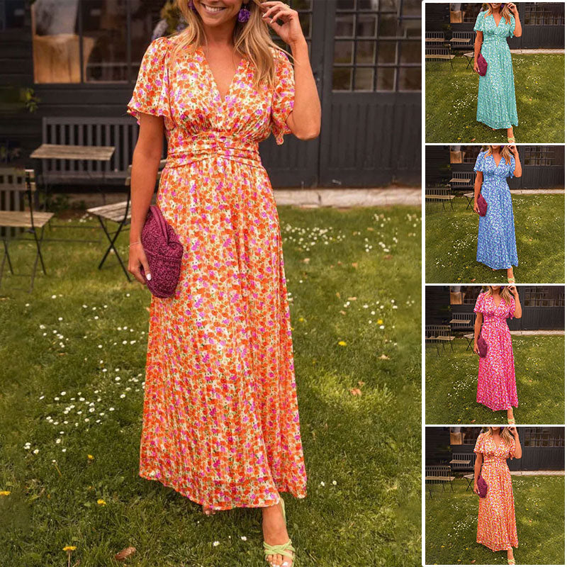 Beautiful women's elegant V-neck maxi dress, featuring a flowy silhouette for comfort & style.