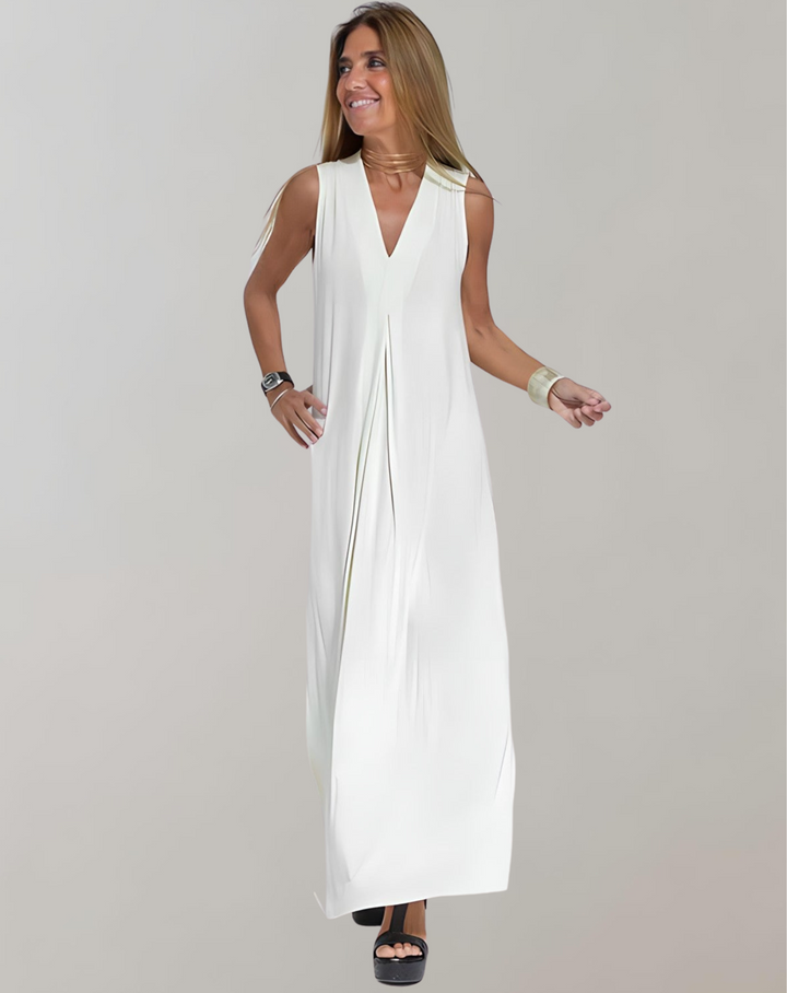 Flowing V-neck maxi dress for women, soft and comfortable, ideal for summer vacation outfits.