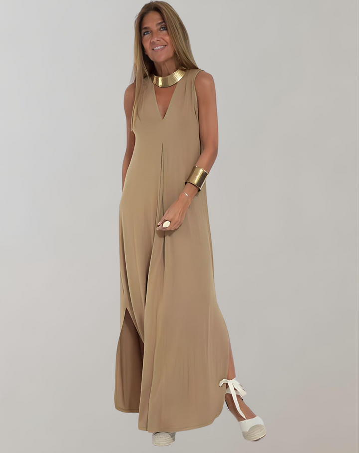 Chic V-neck maxi dress, elegant and casual for women's summer fashion, great for any occasion.