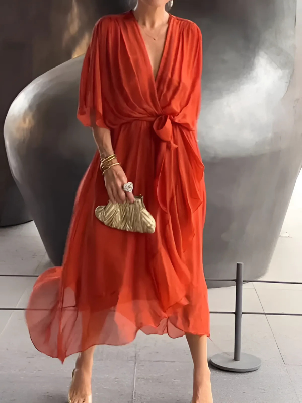 Stylish women's V-neck wrap maxi dress with a flattering tie waist, suitable for party, casual, or elegant occasions.
