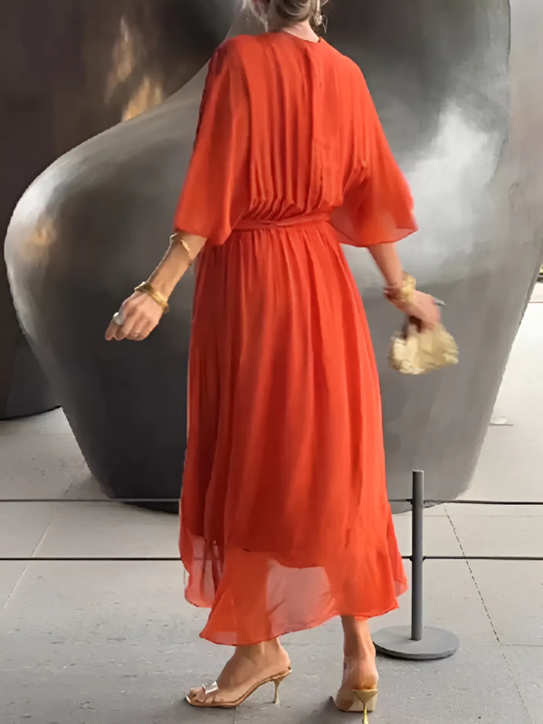 Chic V-neck maxi dress for women, designed with a functional adjustable tie waist for a flattering silhouette.