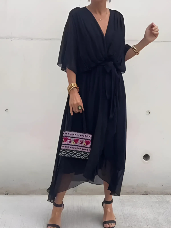 Sophisticated women's V-neck party maxi dress with an elegant adjustable tie waist, great for formal gatherings.