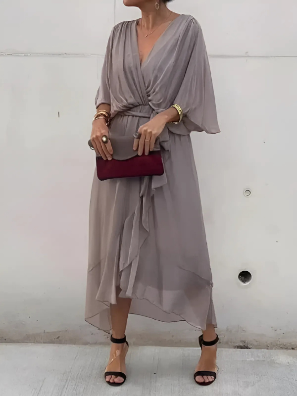 Women's elegant V-neck maxi dress with adjustable tie waist. Perfect for summer, party, or formal wear.