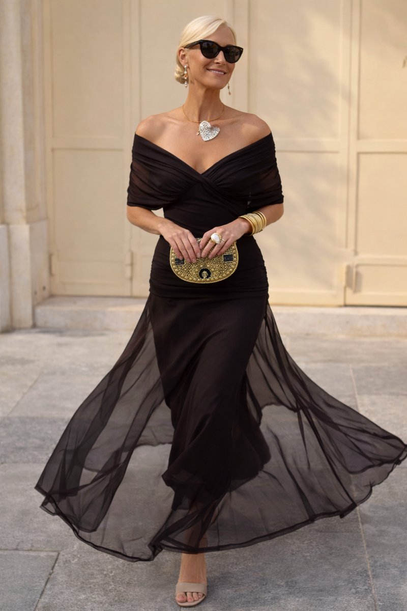 Womens fashion V-neck maxi gown, a sleek formal evening dress with a defined pleated waistline.