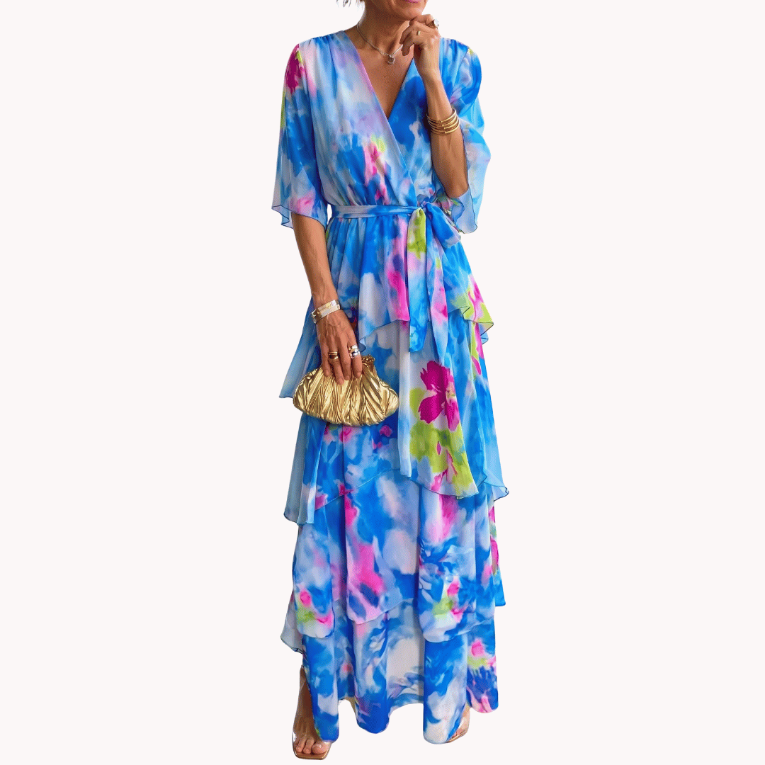 Sleeveless V-neck midi dress for women, ideal as a formal party or occasion dress. Flattering fit, elegant design.