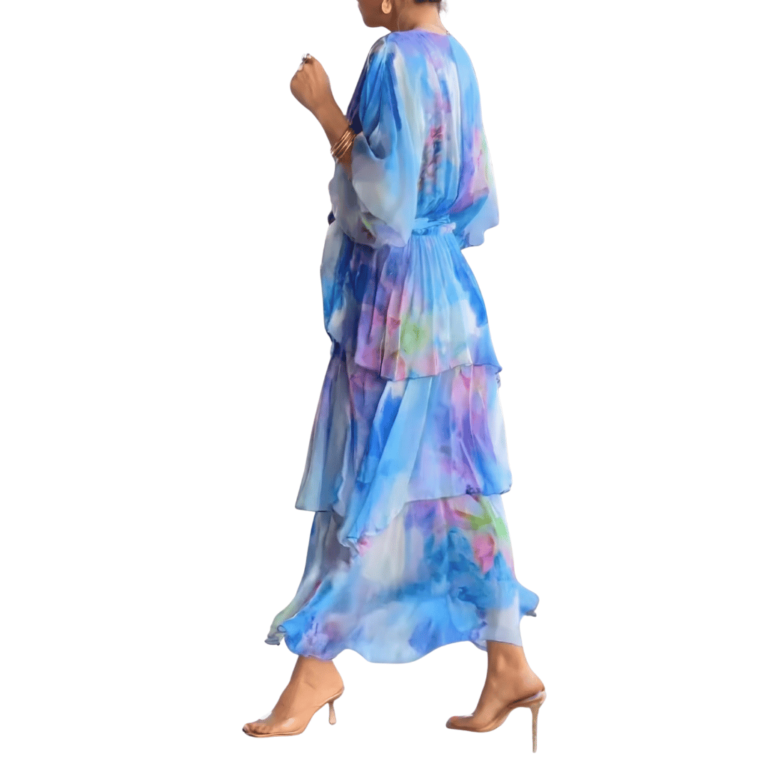 Chic blue print V-neck midi dress for women. An elegant, sleeveless formal or cocktail dress perfect for any event.