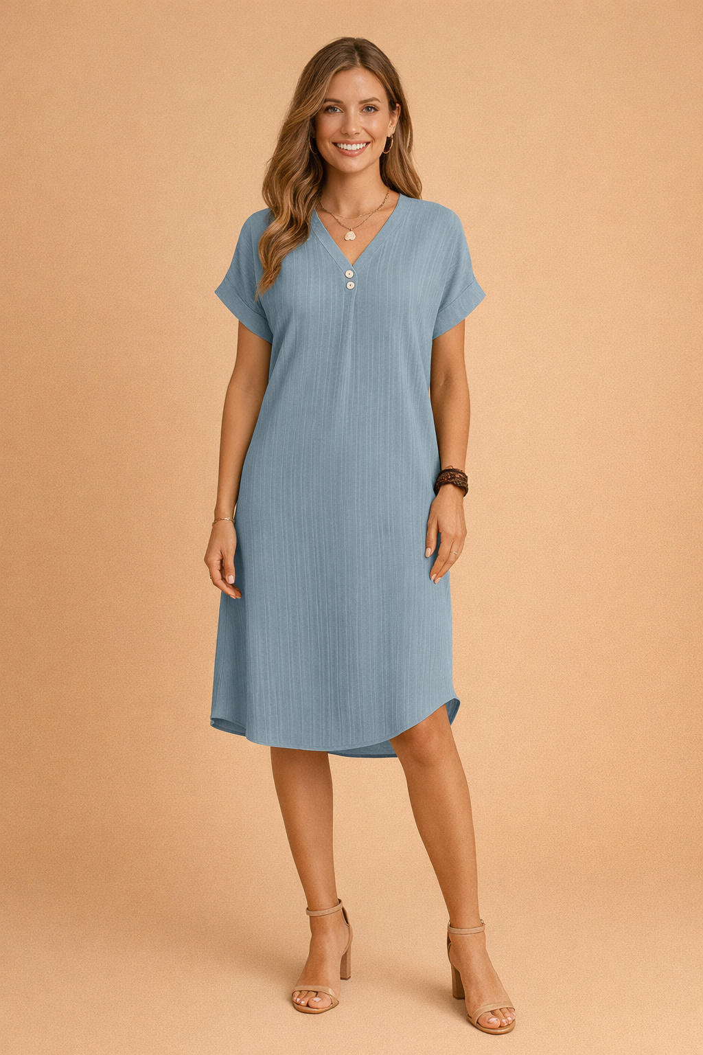 Vibrant women's V-neck midi dress, a beautiful short sleeve design for bright summer fashion and comfort.
