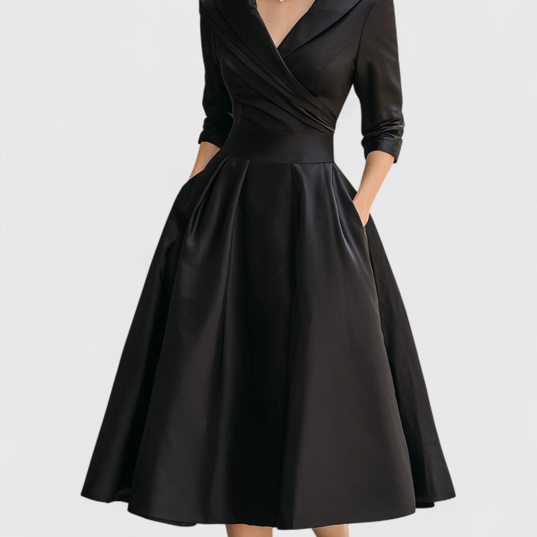 Flattering women's elegant midi dress, V-neck, 3/4 sleeves, and a chic flared skirt, embodying modest fashion.