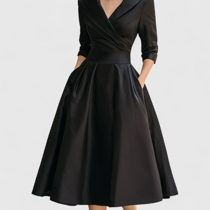 Flattering women's elegant midi dress, V-neck, 3/4 sleeves, and a chic flared skirt, embodying modest fashion.
