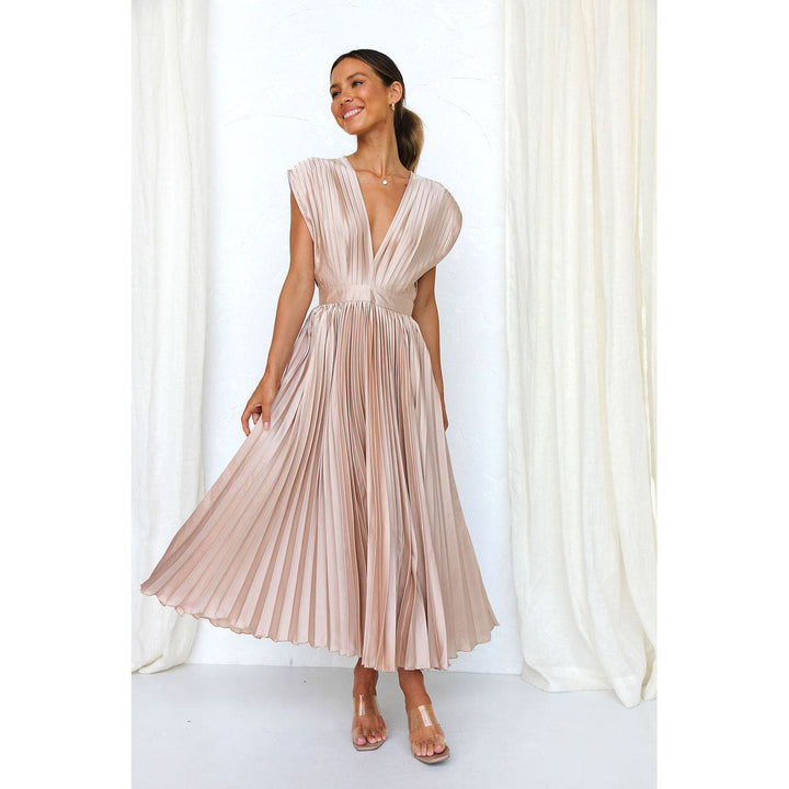 Elegant women's V-neck midi dress with a flowing pleated skirt, perfect for summer occasions.