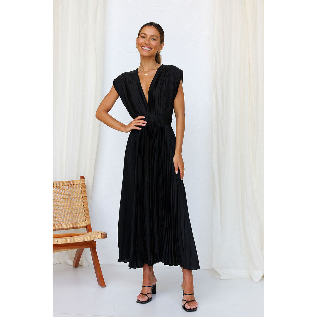 Beautiful women's V-neck midi dress with a well-defined pleated skirt, embodying chic occasion wear.