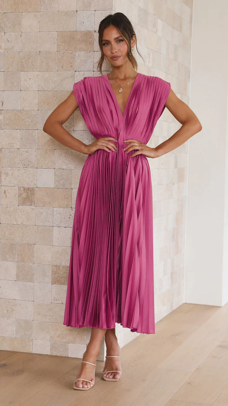 Feminine women's elegant midi dress with a flattering V-neckline and beautiful pleated skirt design.