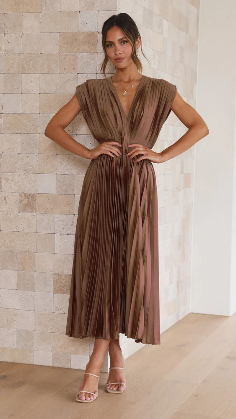 Sophisticated women's elegant V-neck midi dress, featuring a chic pleated skirt for various occasions.