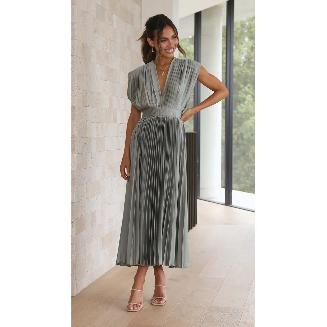 Fashionable women's elegant V-neck midi dress with a flattering pleated skirt, versatile for any wardrobe.