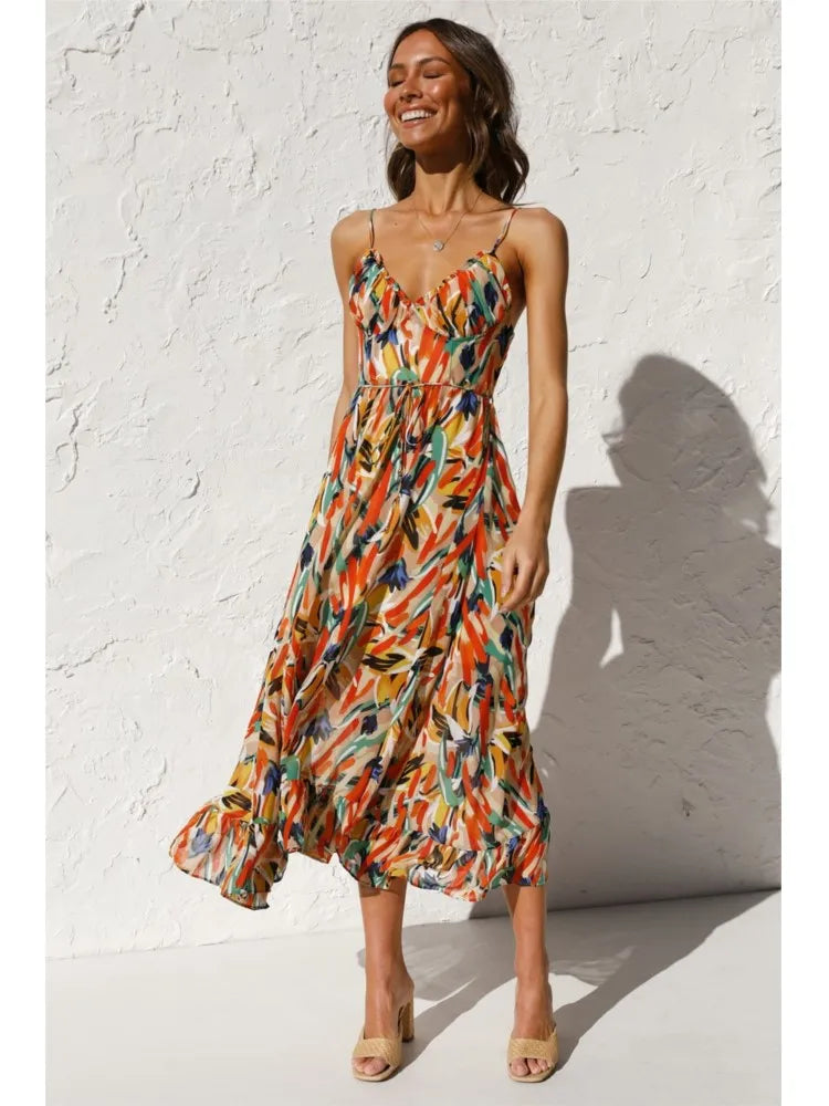 Formal or casual, this elegant women's midi dress with V-neck & spaghetti straps is perfect for any occasion.