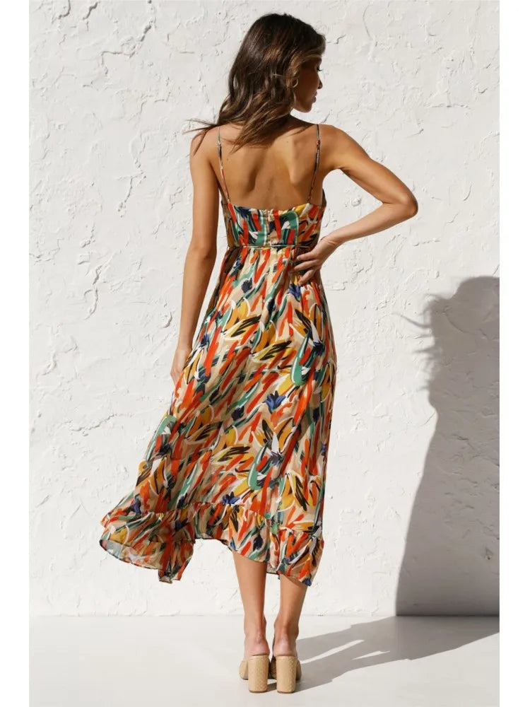 Stylish women's V-neck midi dress. Elegant spaghetti strap sundress perfect for summer parties, vacation, or formal.