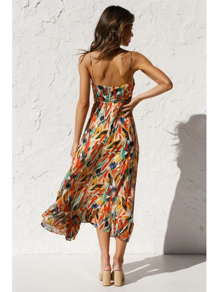 Stylish women's V-neck midi dress. Elegant spaghetti strap sundress perfect for summer parties, vacation, or formal.