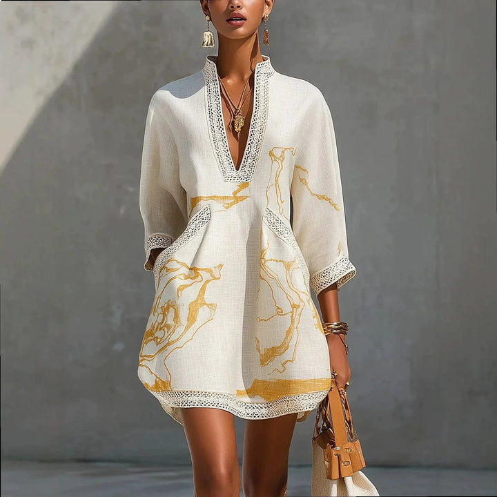 Elegant women's V-neck mini dress, perfect for stylish summer parties or casual outings.