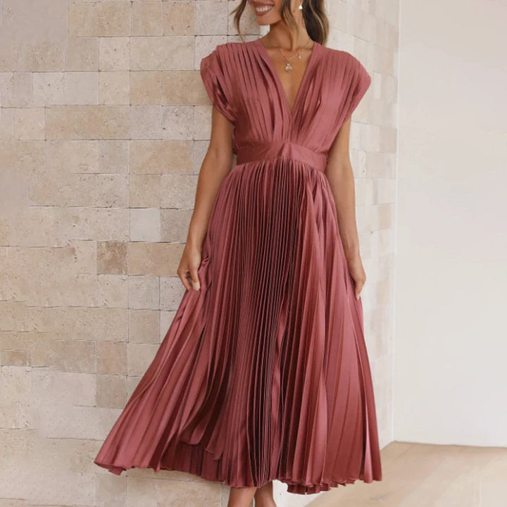 Women's formal V-neck pleated maxi dress, elegant & sophisticated for evening & wedding guests.