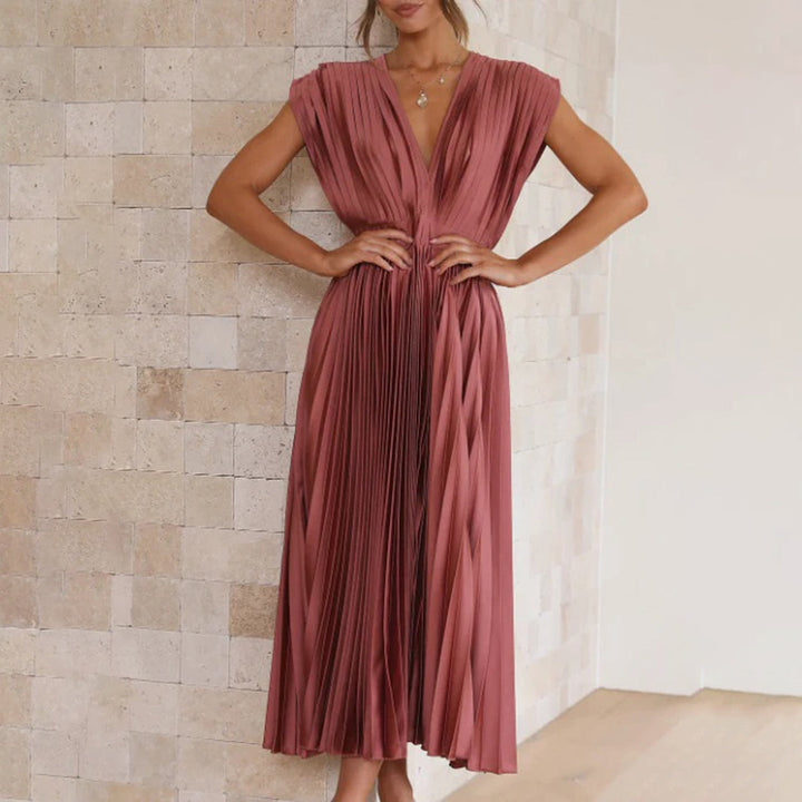 Chic women's V-neck pleated maxi dress, an elegant choice for special occasions & wedding guests.