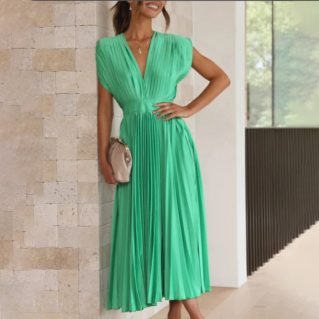 Glamorous women's V-neck pleated maxi dress, sophisticated formal wear for evening events.