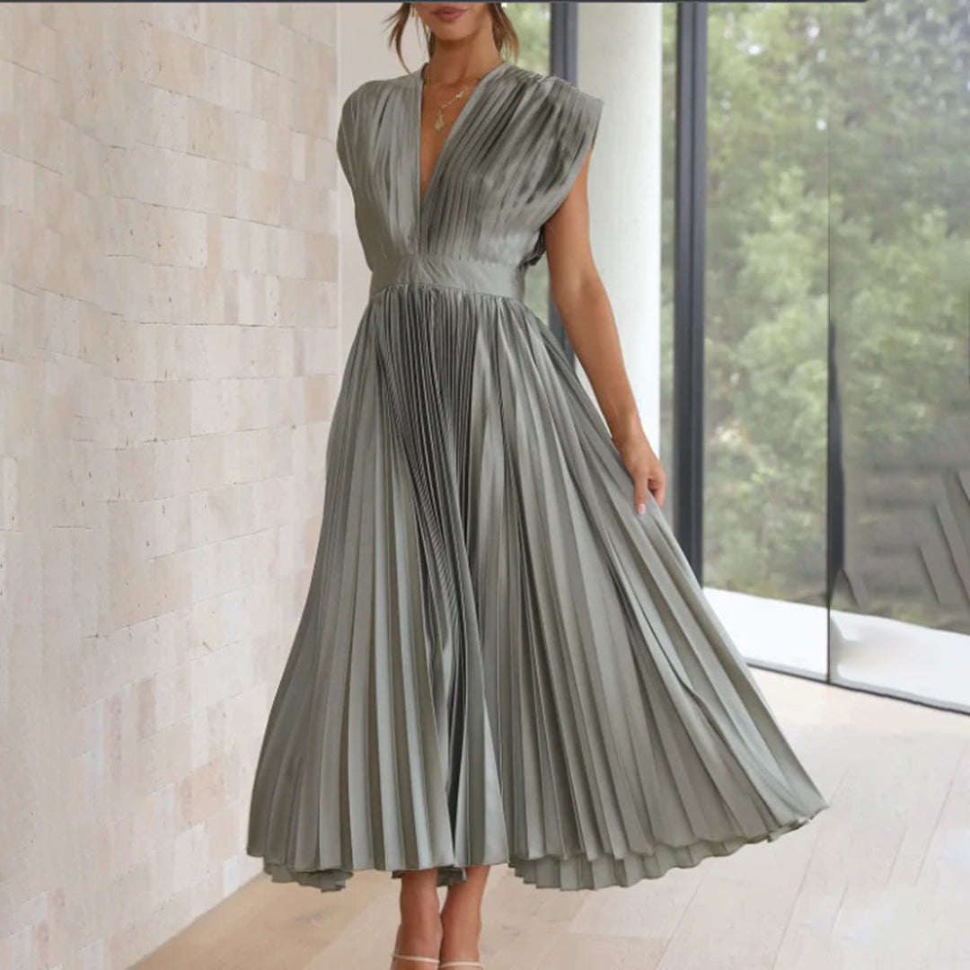 Comfortable & elegant V-neck pleated maxi dress, perfect evening gown for wedding guests.