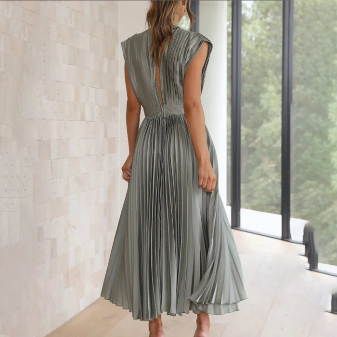 Sophisticated V-neck pleated maxi evening gown, an elegant women's dress for wedding guests.