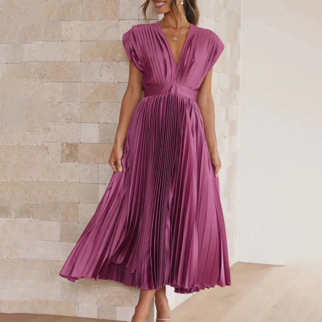 Women's elegant V-neck pleated maxi dress outfit, sophisticated for wedding guests & parties.