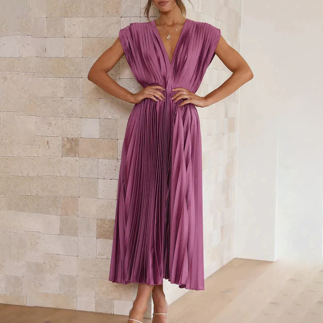 Elegant V-neck pleated maxi dress for women, perfect sophisticated evening gown for events.
