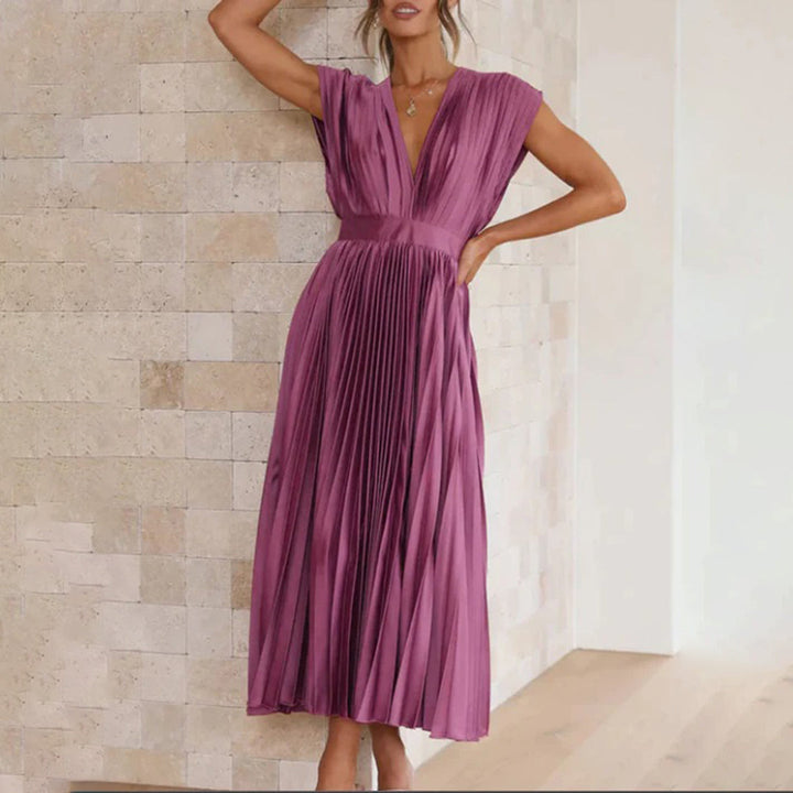 Glamorous women's V-neck pleated maxi dress, ideal elegant formal wear for special occasions.
