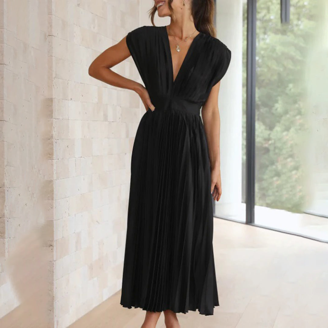 Women's elegant V-neck pleated maxi party dress, stunning formal wear option for special events.