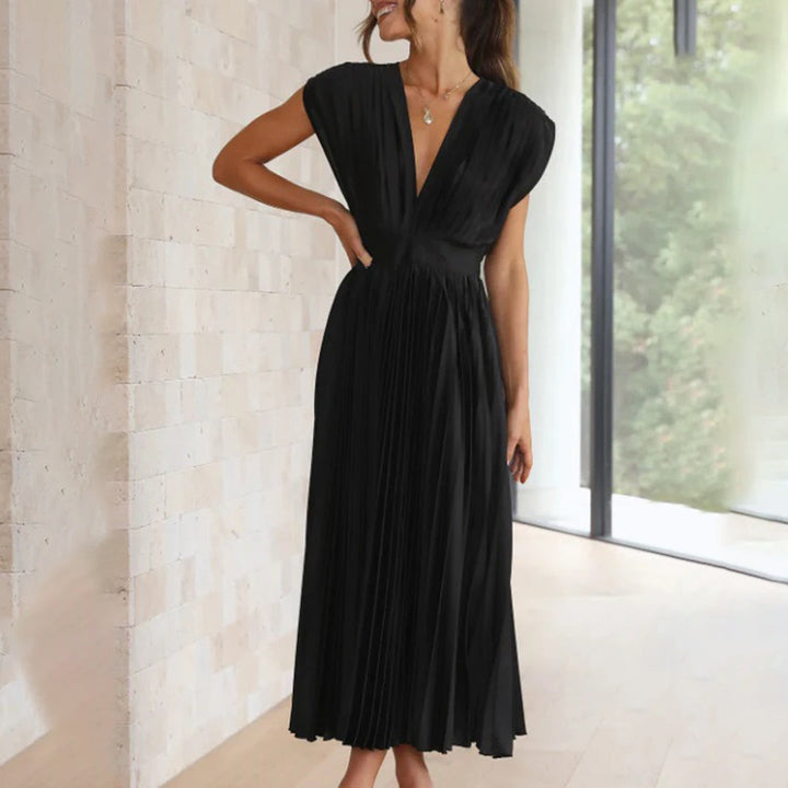 Women's elegant V-neck pleated maxi party dress, stunning formal wear option for special events.