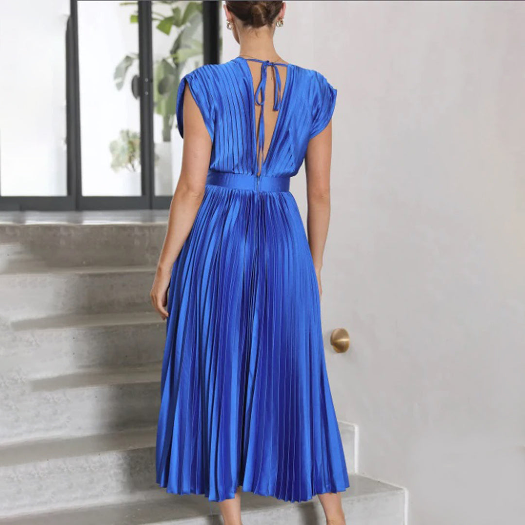 Sophisticated women's V-neck pleated maxi dress, long & elegant for formal evening wear.