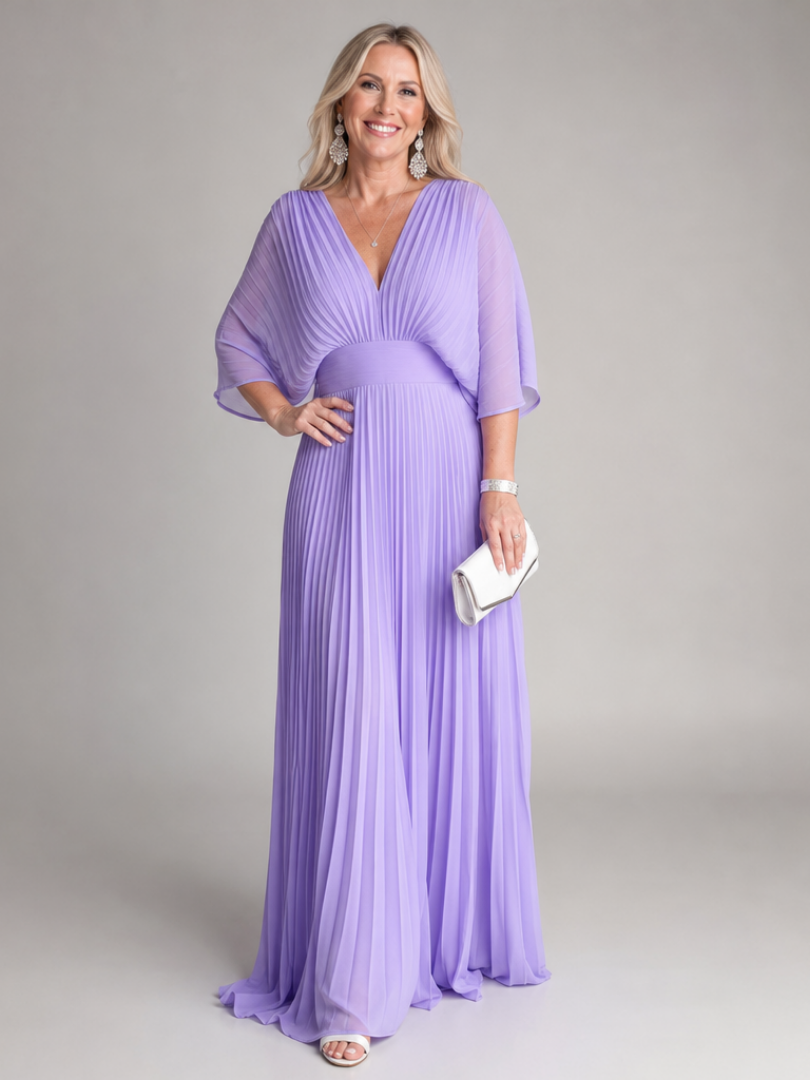 Elegant women's V neck pleated maxi dress with long sleeves, perfect for formal events & special occasions.
