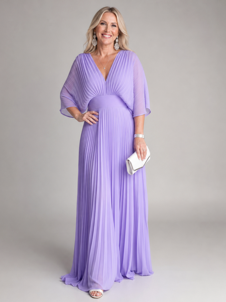 Elegant women's V neck pleated maxi dress with long sleeves, perfect for formal events & special occasions.