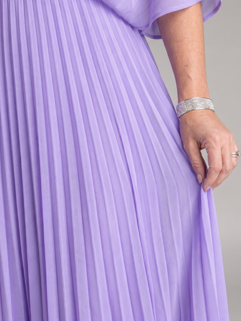 Stylish women's pleated maxi dress with a V neck and long sleeves, suitable for elegant formal occasions.