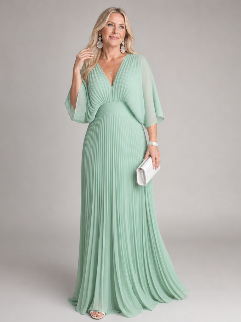 Formal women's long sleeve maxi dress with a V neck and pleated skirt, perfect for elegant party wear.