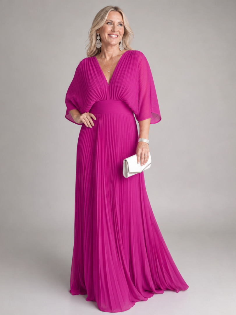 Sophisticated women's V neck maxi dress, pleated with long sleeves, ideal for formal parties & special occasions.