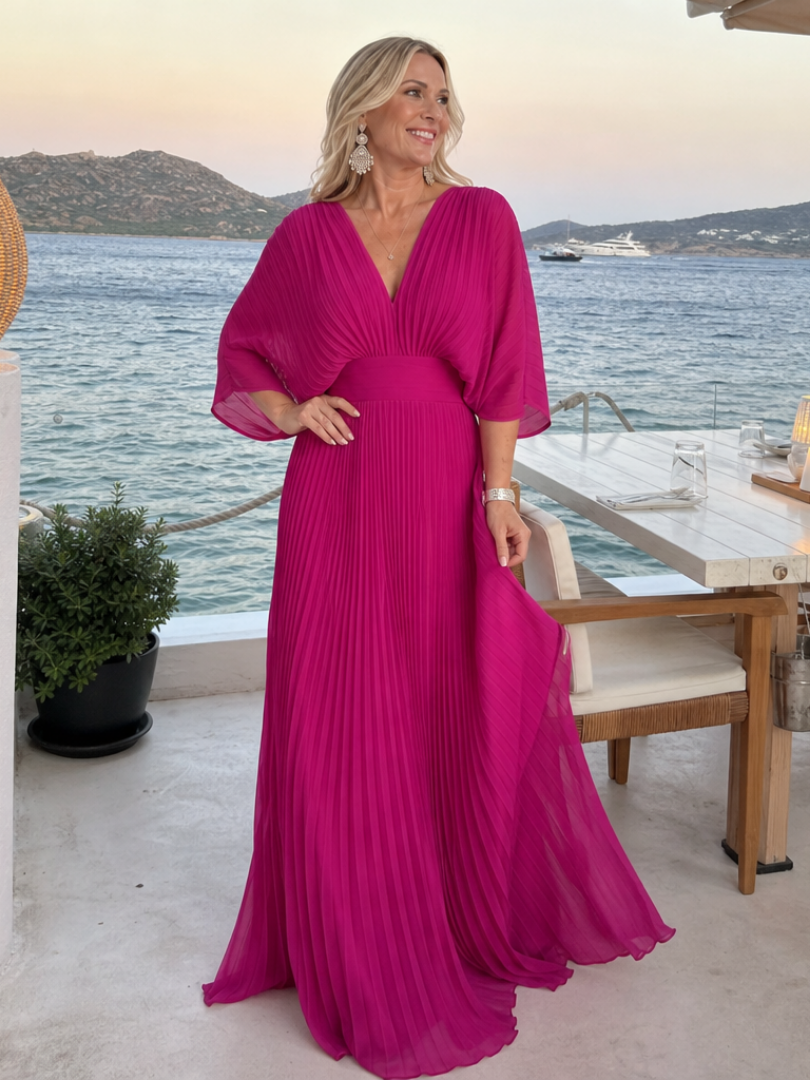 Graceful women's elegant V neck long sleeve pleated maxi dress, a perfect choice for formal or party wear.