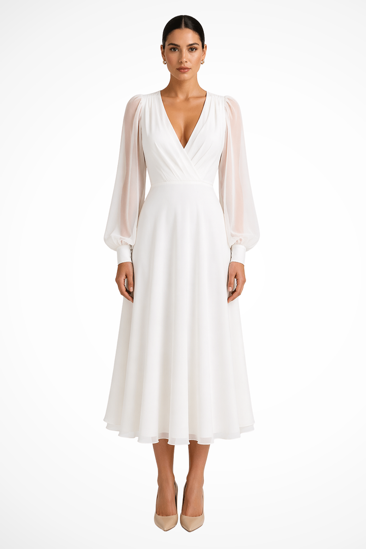 Elegant women's V-neck puff sleeve midi dress, perfect for wedding guests & formal events.