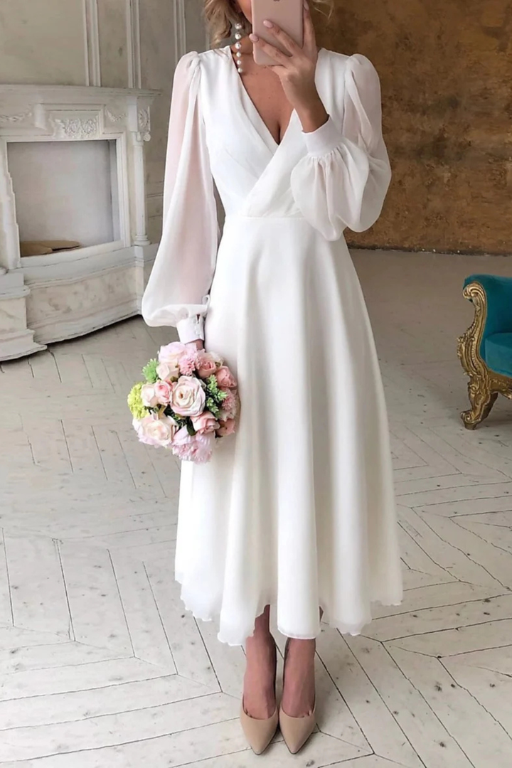 Sophisticated women's puff sleeve V-neck midi dress, an elegant choice for parties & special occasions.