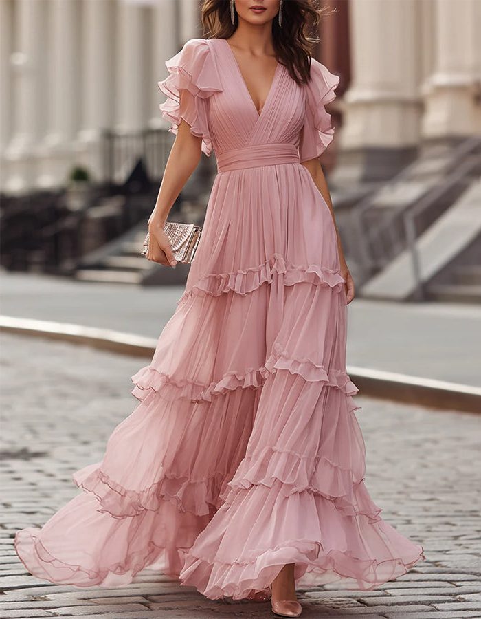 Elegant women's V-neck ruffled maxi dress, perfect for wedding guests & formal special occasions.