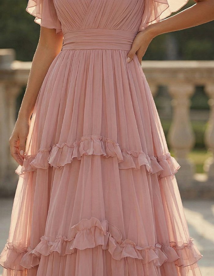 Comfortable & elegant V-neck ruffled maxi dress for women, a stylish wedding guest or party outfit.