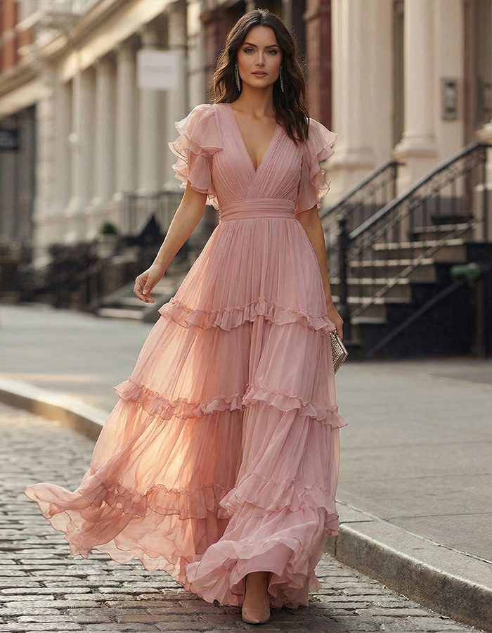 Stylish women's V-neck ruffled maxi dress, the perfect elegant wedding guest outfit for any season.