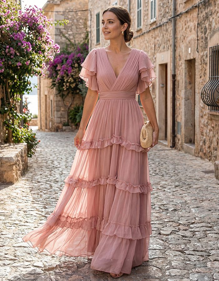 Graceful V-neck ruffled maxi dress for women, offering a flattering and elegant silhouette.
