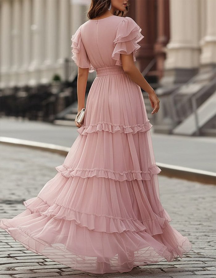 Beautiful women's V-neck ruffle maxi dress, a gorgeous choice for formal events, parties & celebrations.