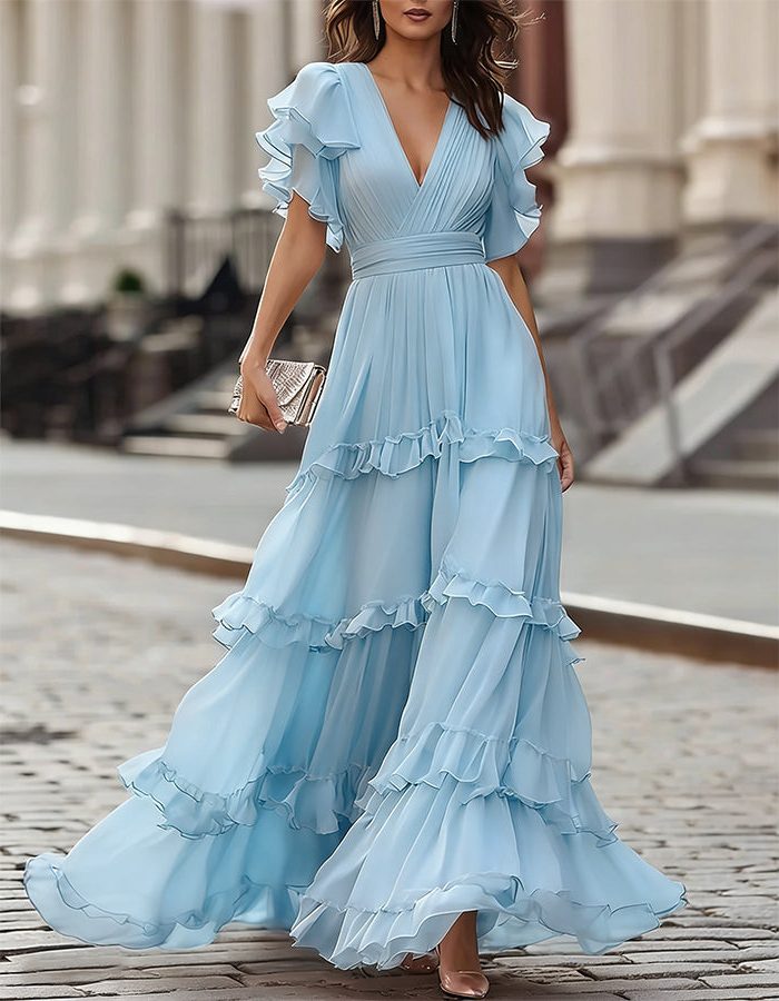 Sophisticated V-neck ruffled maxi dress for women, an ideal formal or special occasion evening gown.