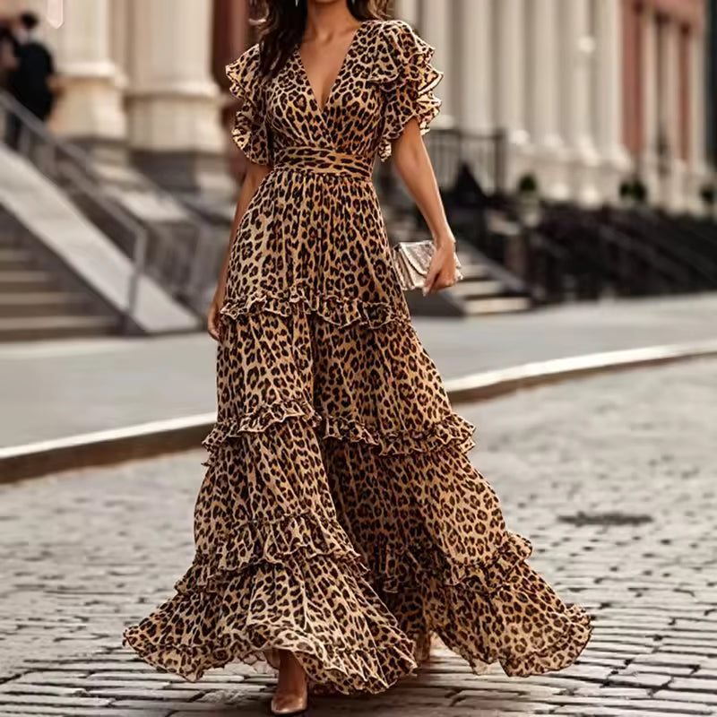Versatile women's V-neck ruffled maxi dress, suitable as a wedding guest, evening, or party dress.